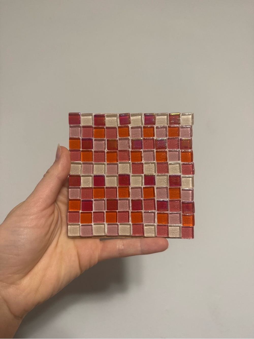 Homemade Mosaic Coaster
Different Shades of Pink
- Pink, Red & Orange